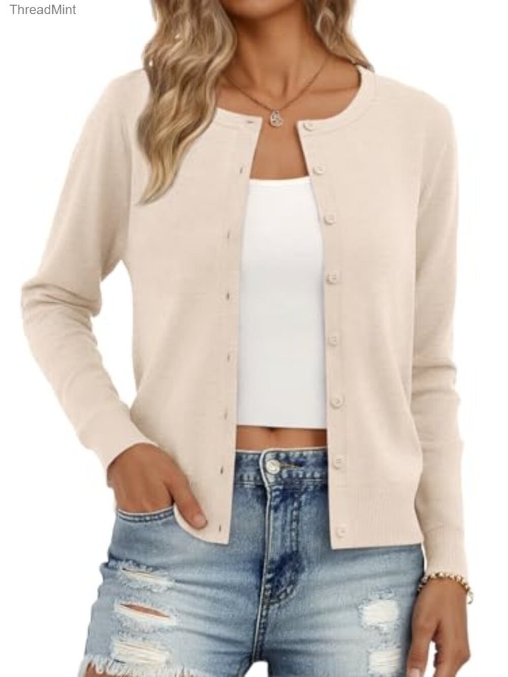 Lightweight Knit Button Cardigan Crew Neck Long Sleeve Layer